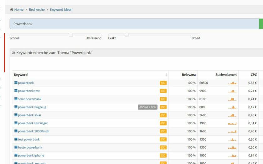 Keywordrecherche in den metrics.tools