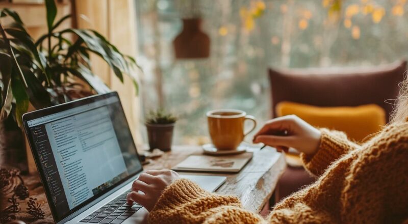 Person am Schreibtisch mit Kaffee, die über Bloggen als Beruf schreibt