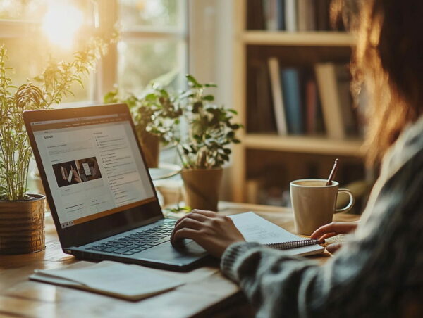 Person arbeitet am Laptop und erstellt eine Nischenseite im Home-Office.