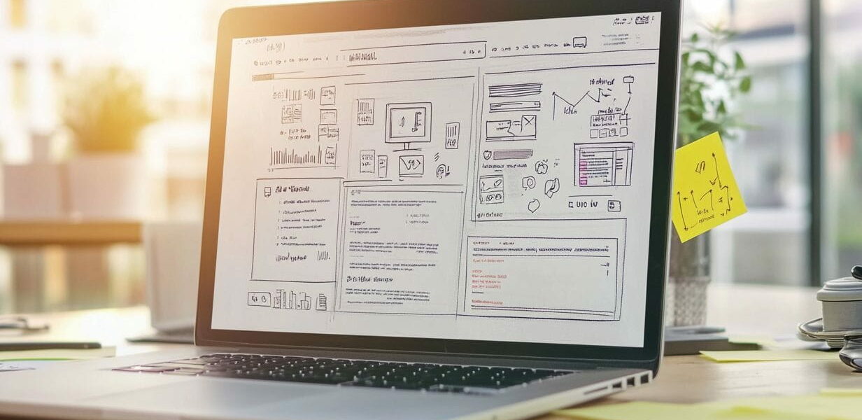 Person optimiert die Usability einer Webseite mit Laptop und Webdesign-Notizen.