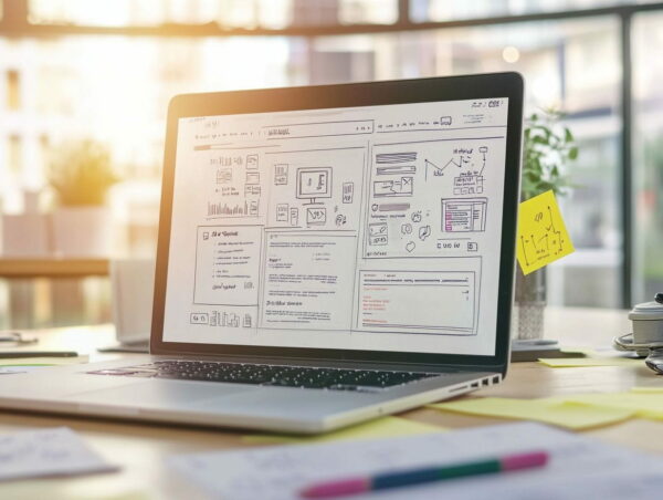 Usability-Optimierung einer Webseite mit Laptop und Webdesign-Notizen.