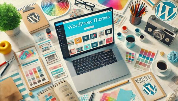 Vorschau von WordPress Themes auf einem Laptop, umgeben von Design-Tools.