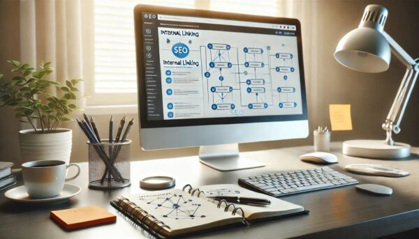 Digitaler Arbeitsplatz mit Diagramm zur internen Verlinkung im SEO