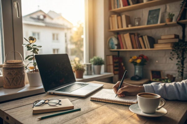 Blogger an einem gemütlichen Schreibtisch mit Laptop und Kaffee, Symbol für Authentizität und Kreativität im Blogging.