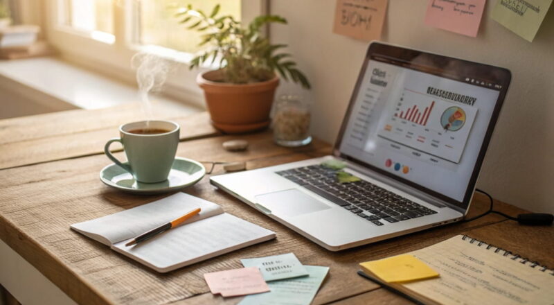 Cozy workspace with a laptop, notes, and a coffee cup, showcasing brainstorming ideas for finding new blog topics.