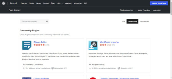 Screenshot des WordPress Plugin-Verzeichnisses mit Community-Plugins wie Classic Editor und WordPress Importer.