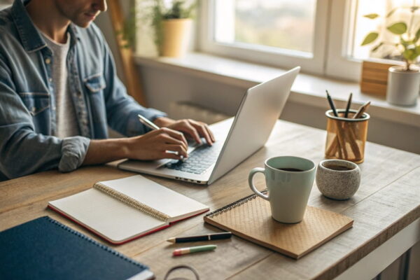 Person in einem gemütlichen Homeoffice, die produktiv an einem Laptop arbeitet – Symbol für Qualität statt Perfektion im Arbeitsprozess.