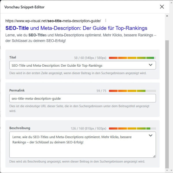 Vorschau des Snippet-Editors mit SEO-Title und Meta-Description in Rank Math.