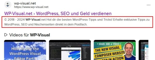 Beispiel für Meta-Description und SEO-Title einer Webseite in den Suchergebnissen.