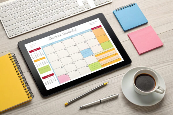 Content-Kalender erstellen: Digitaler Kalender auf Tablet mit farbigen Sticky Notes und Notizbuch auf einem organisierten Schreibtisch.