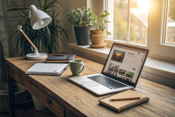 Gemütlicher Schreibtisch mit Laptop und persönlichem Blog auf dem Bildschirm, begleitet von einer Kaffeetasse und einem Notizbuch.