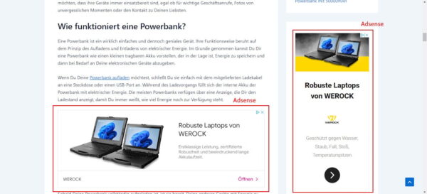 Google AdSense-Anzeigen auf einer Nischenseite mit Werbung für robuste Laptops von WEROCK, integriert in den Content und die Seitenleiste.