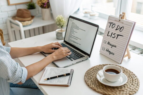 Blogger arbeitet am Laptop mit To-Do-Liste für Blogging-Ziele – fokussierte Umsetzung und strategische Planung.