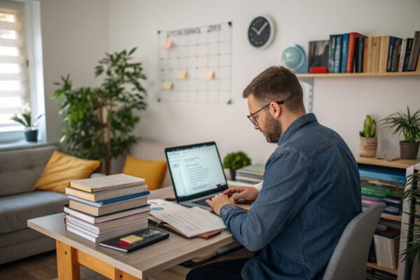 Mann arbeitet an einem Laptop mit SEO-Texten in einem modernen Homeoffice