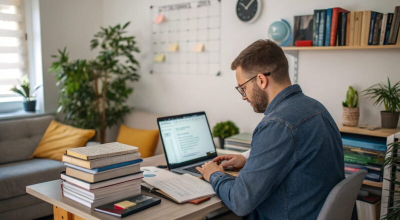 Mann arbeitet an einem Laptop mit SEO-Texten in einem modernen Homeoffice