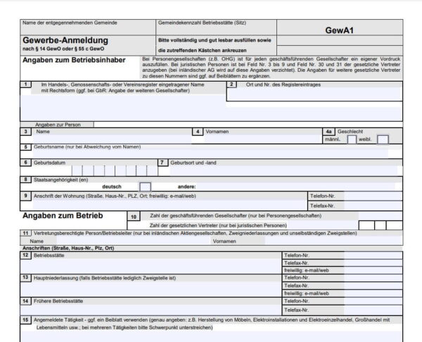 Screenshot eines Gewerbeanmeldeformulars in Deutschland mit Feldern zur Erfassung von Betriebsinhaber- und Unternehmensdaten.