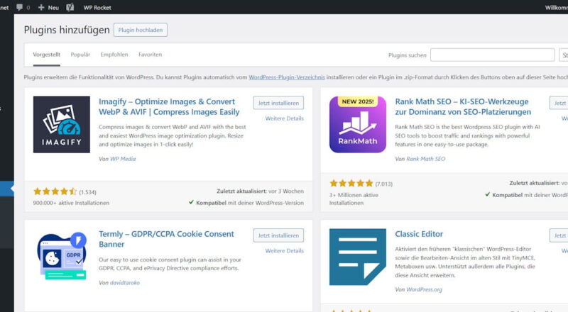 Screenshot der WordPress-Plugin-Verwaltung mit vorgestellten Erweiterungen wie Rank Math SEO, Imagify und Termly. Relevante WordPress-Plugins für Nischenseiten.