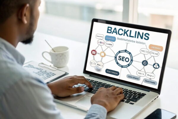 SEO-Experte analysiert Backlinks und Autorität einer Nischenseite auf einem Laptop.