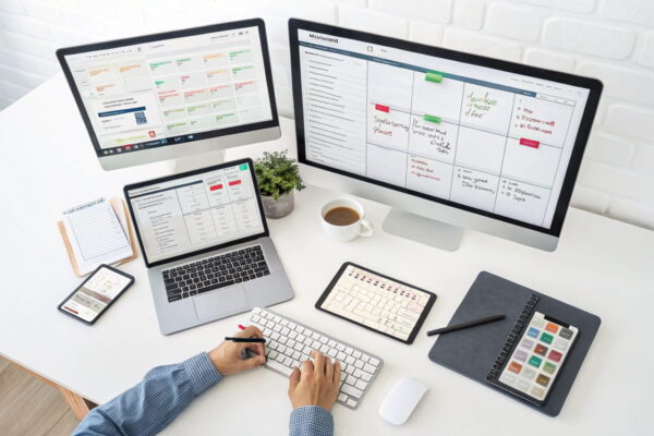 Effiziente Content-Erstellung im Multi-Site-Workflow – mehrere Bildschirme mit SEO-Tools, Redaktionsplan und Schreibsoftware für Nischenseiten.