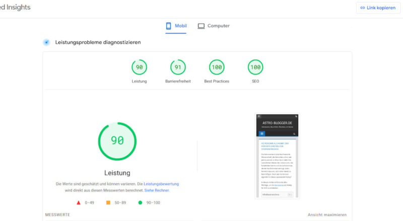 Core Web Vitals Messung mit Google PageSpeed Insights – Leistungsergebnis 90 für mobile Ansicht.