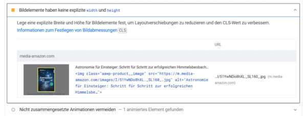 Cumulative Layout Shift (CLS) Warnung – Fehlende Bildgrößenangaben in Google PageSpeed Insights.