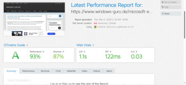 GTmetrix Performance-Test für Windows-Guru.de – 93 % Performance, LCP 1,1s, CLS 0,03.