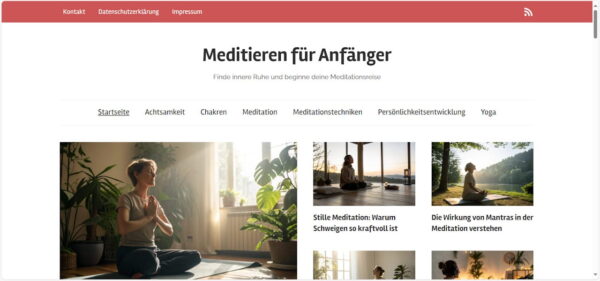 Startseite der Website „Meditieren für Anfänger“ mit Kategorien zu Achtsamkeit, Meditationstechniken und Persönlichkeitsentwicklung.